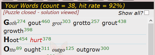 Top of word display showing solution